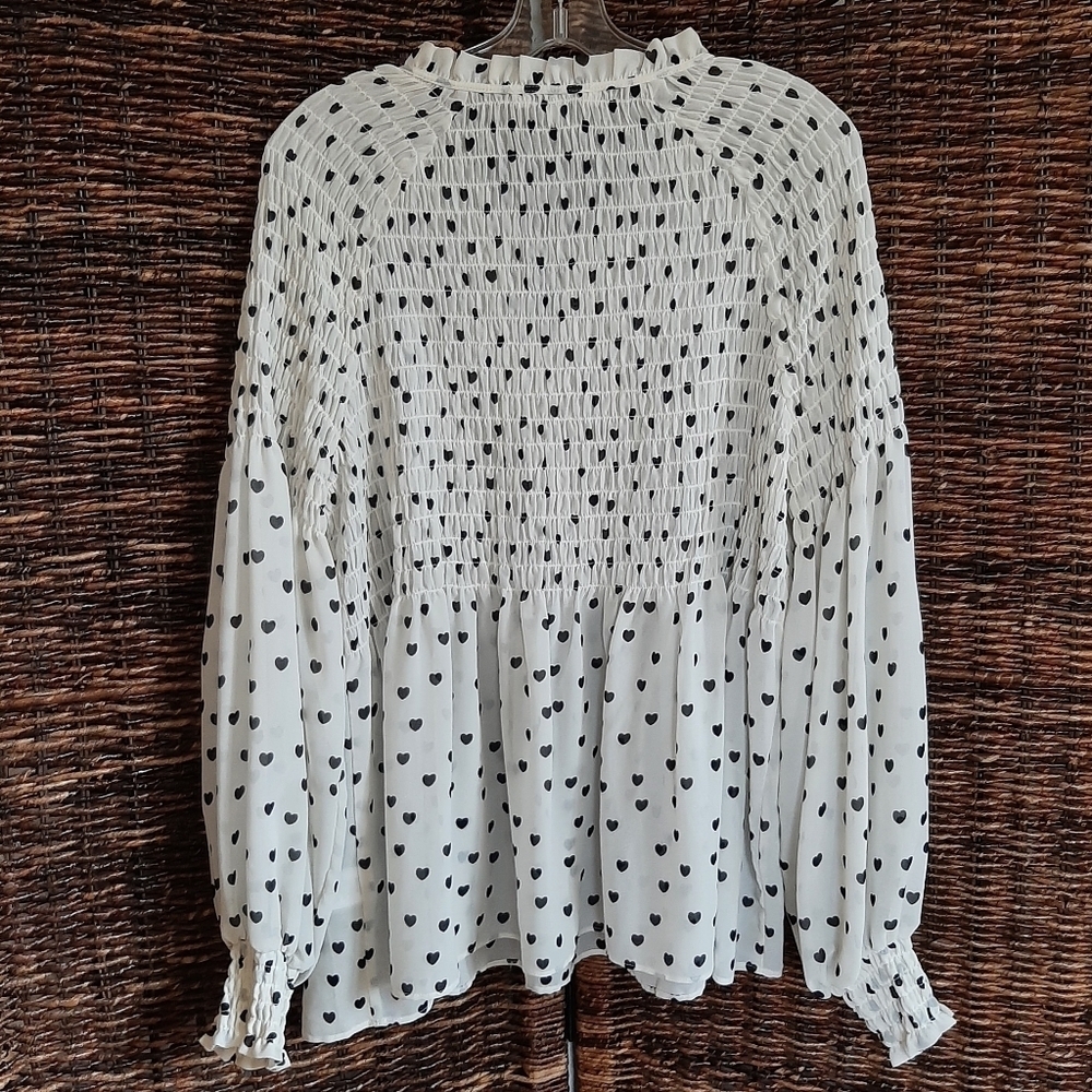Rose + Olive Blouse Women's XL Cream Smocked Semi Sheer Heart Print Ruffle Neck - Picture 2 of 9